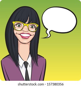 Vector illustration of cartoon smiling nerd girl with speech bubble. Easy-edit layered vector EPS10 file scalable to any size without quality loss. High resolution raster JPG file is included.