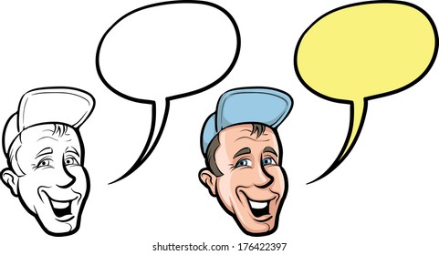 Vector illustration of cartoon smiling retro man in cap face. 