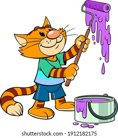 Vector illustration of a cartoon smiling striped red cat with paint roller.