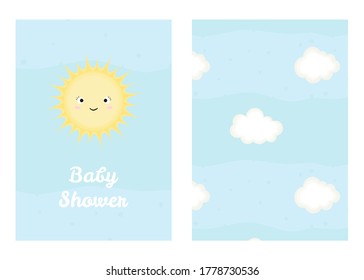 Vektorgrafik mit Cartoon lächelnd Sonne und Inschrift Baby Dusche und nahtlose Muster mit Wolken. Zum Geburtstag oder Feier Einladung und so Print-Design für Schlafanzüge, Kinderposter. 