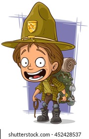 A vector illustration of cartoon smiling young boyscout in big hat