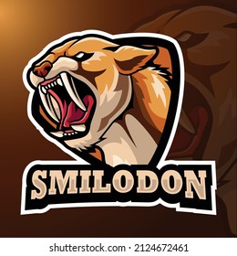 Vector illustration of Cartoon smilodon head mascot design template	