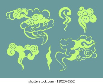 Vector illustration of cartoon smoke, stinky smell bubbles, aroma streams collection, odour toxic green color in flat style.