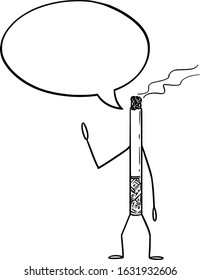 Vector illustration of cartoon smoking cigarette character with speech bubble. Health or addiction advertisement or marketing design.