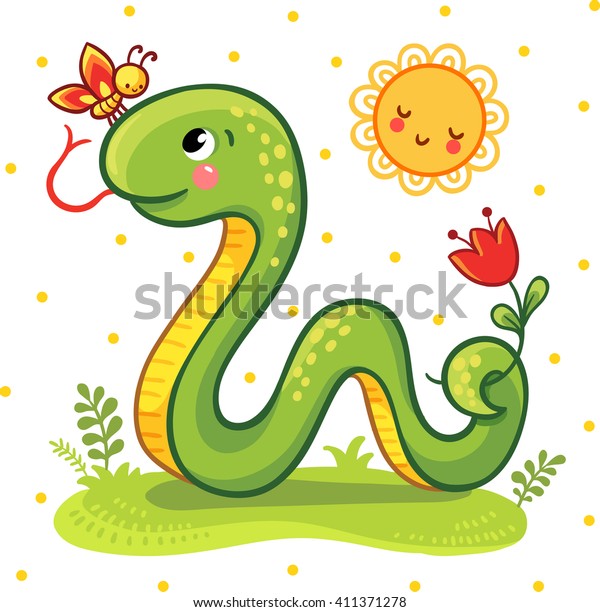 日当たりの良い芝生に描かれた漫画のヘビと蝶のベクターイラスト ベクター画像のかわいい蛇 のベクター画像素材 ロイヤリティフリー
