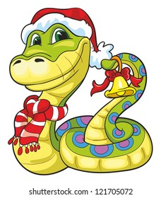 vector illustration-   cartoon snake with jingle bell in scar and Santa Claus hat on white background