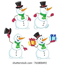 Vector illustration of a cartoon snowman with gifts in hands.
