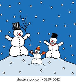 Vector illustration with cartoon snowmen family, beanie, socks, gloves on blue background. Can be used for design Christmas card, children's books, notebooks and covers