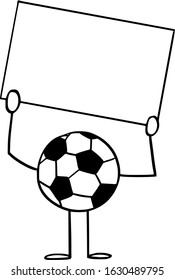 Vector illustration of cartoon soccer or football ball character showing or holding empty sign in hands.Sport advertisement or marketing design.