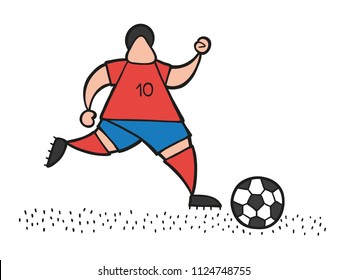 Vector illustration cartoon soccer player man running and dribble ball on pitch.