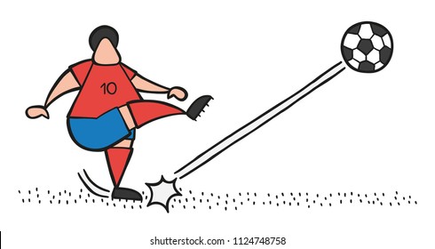 Vector illustration cartoon soccer player man shooting ball on pitch.