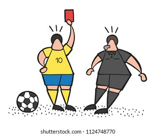 Vector illustration cartoon soccer player man showing red card to referee.