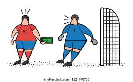Vector illustration cartoon soccer player man offering bribe to goalkeeper.