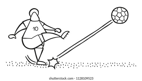 Vector illustration cartoon soccer player man shooting ball on pitch.