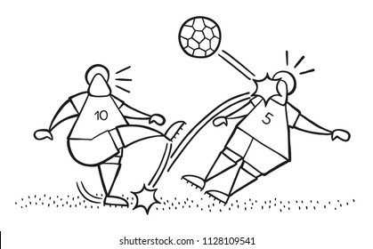 Vector illustration cartoon soccer player man kicking ball and hitting other player's face.