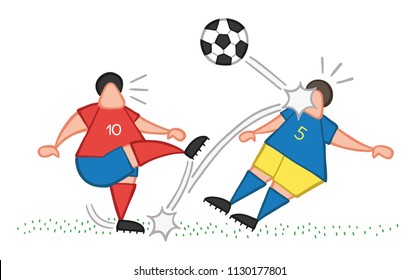 Vector illustration cartoon soccer player man kicking ball and hitting other player's face.