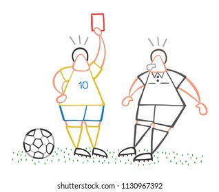 Vector illustration cartoon soccer player man showing red card to referee.
