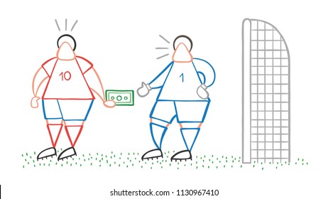 Vector illustration cartoon soccer player man giving bribe and goalkeeper taking money.