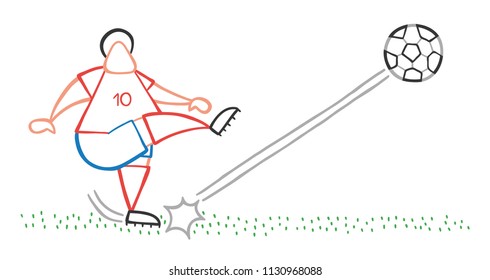 Vector illustration cartoon soccer player man shooting ball on pitch.
