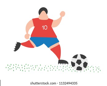 Vector illustration cartoon soccer player man running and dribble ball on pitch.