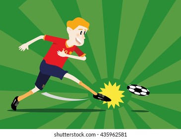 vector illustration cartoon of soccer player shooting a ball on the green soccer field background. soccer concept eps 10
