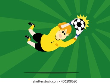 vector illustration cartoon of soccer player goalkeeper catching ball on the green soccer field background. soccer concept eps 10