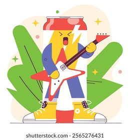 Vector illustration of a cartoon soda can character playing an electric guitar. Perfect for music-related projects, 