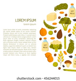 Vector illustration with cartoon source vegan protein background: broccoli, chia seeds, oats seeds, chickpeas, avocado, tofu, soy milk, spinach. Vector cartoon healthy diet icons. Healthy food concept
