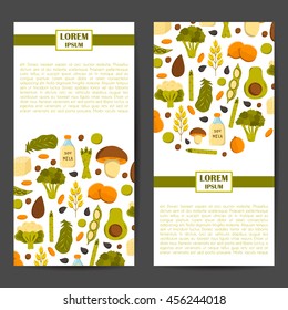 Vector illustration with cartoon source vegan protein background: broccoli, chia seeds, oats seeds, chickpeas, avocado, tofu, soy milk, spinach. Vector cartoon healthy diet icons. Healthy food concept