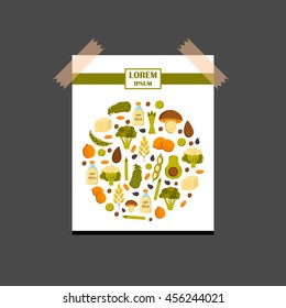 Vector illustration with cartoon source vegan protein background: broccoli, chia seeds, oats seeds, chickpeas, avocado, tofu, soy milk, spinach. Vector cartoon healthy diet icons. Healthy food concept