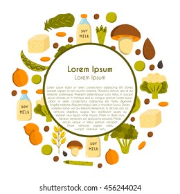 Vector illustration with cartoon source vegan protein background: broccoli, chia seeds, oats seeds, chickpeas, avocado, tofu, soy milk, spinach. Vector cartoon healthy diet icons. Healthy food concept