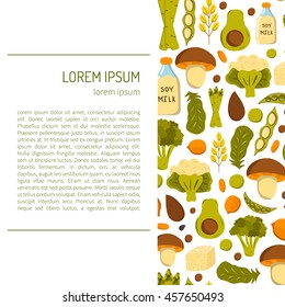 Vector illustration with cartoon source vegan protein background: broccoli, chia seeds, oats seeds, chickpeas, avocado, tofu, soy milk, spinach. Vector cartoon healthy diet icons. Healthy food concept