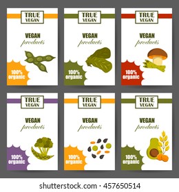 Vector illustration with cartoon source vegan protein background: broccoli, chia seeds, oats seeds, chickpeas, avocado, tofu, soy milk, spinach. Vector cartoon healthy diet icons. Healthy food concept