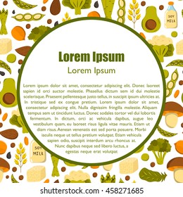 Vector illustration with cartoon source vegan protein background: broccoli, chia seeds, oats seeds, chickpeas, avocado, tofu, soy milk, spinach. Vector cartoon healthy diet icons. Healthy food concept
