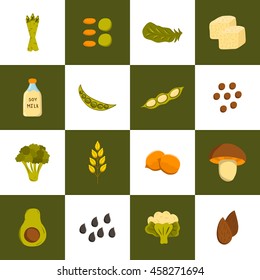 Vector illustration with cartoon source vegan protein icons: broccoli, chia seeds, oats seeds, chickpeas, avocado, tofu, soy milk, spinach. Vector cartoon healthy diet icons. Healthy food concept