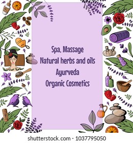 Vector illustration with cartoon spa, massage, organic cosmetics, ayurveda, natural herbs and oils background with space for text. 