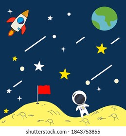 Caricatura De Ilustración Vectorial Del Espacio. Fondo vectorial plano espacial con Luna, cohete, estrellas,nave espacial,astronauta