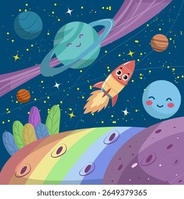 Ilustração vetorial de uma cena espacial de desenho animado com planetas sorridentes, um foguete, um arco-íris e estrelas em um fundo cósmico.