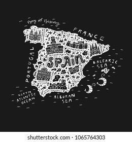 Vector illustration of the cartoon Spain map with the architecture doodle symbols and lettering. 