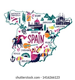 Vector illustration of the cartoon Spain map with the architecture symbols and lettering hand drawn on white background for tourist guide and posters.