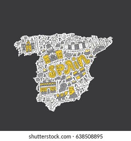 Vector illustration of the cartoon Spain map with the architecture doodle symbols and lettering. 