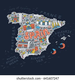 Vector illustration of the cartoon Spain map with the architecture doodle symbols and lettering. 