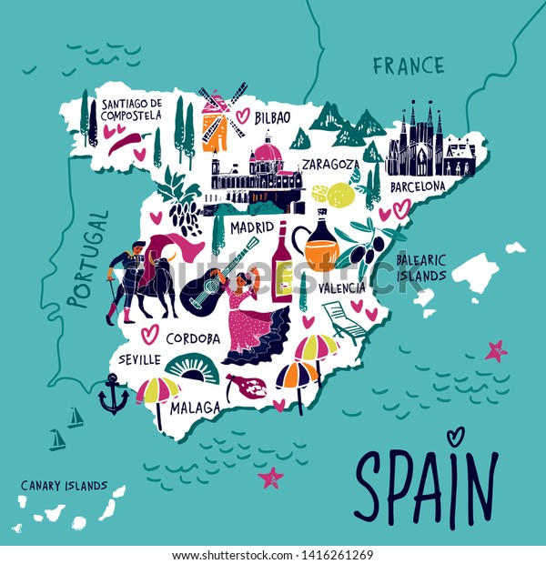 Vector Illustration Cartoon Spain Map Architecture Stock Vector ...