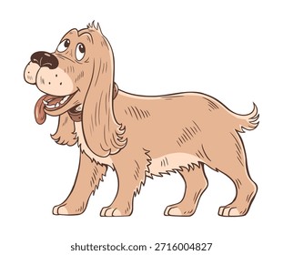 Vektorgrafik eines in Seitenansicht stehenden Cartoon-Spaniel-Hundes. Freundlicher Haustiercharakter im klaren flachen Stil. Einzeln auf weißem Hintergrund, geeignet für Kinder, Haustiere und Designprojekte