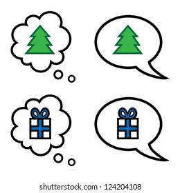 Vector illustration of cartoon speech and thought bubble with christmas gift and tree