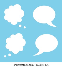 Vector illustration of cartoon speech and thought bubbles, white on blue background