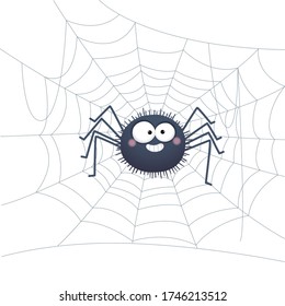 Vector illustration of a cartoon spider on web.