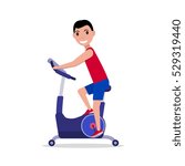 Vector illustration cartoon sport man on a exercise bike. Isolated on white background. Flat style. Side view, profile. Boy on Bicycle Simulator. Training apparatus for legs. Male on Stationary bike.