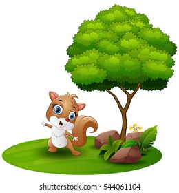 Vector illustration of Cartoon squirrel dancing under a tree on a white background