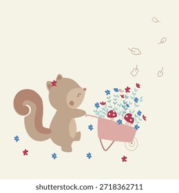 Vector illustration of cartoon squirrel selling flower and mashroom isolated on yellow background